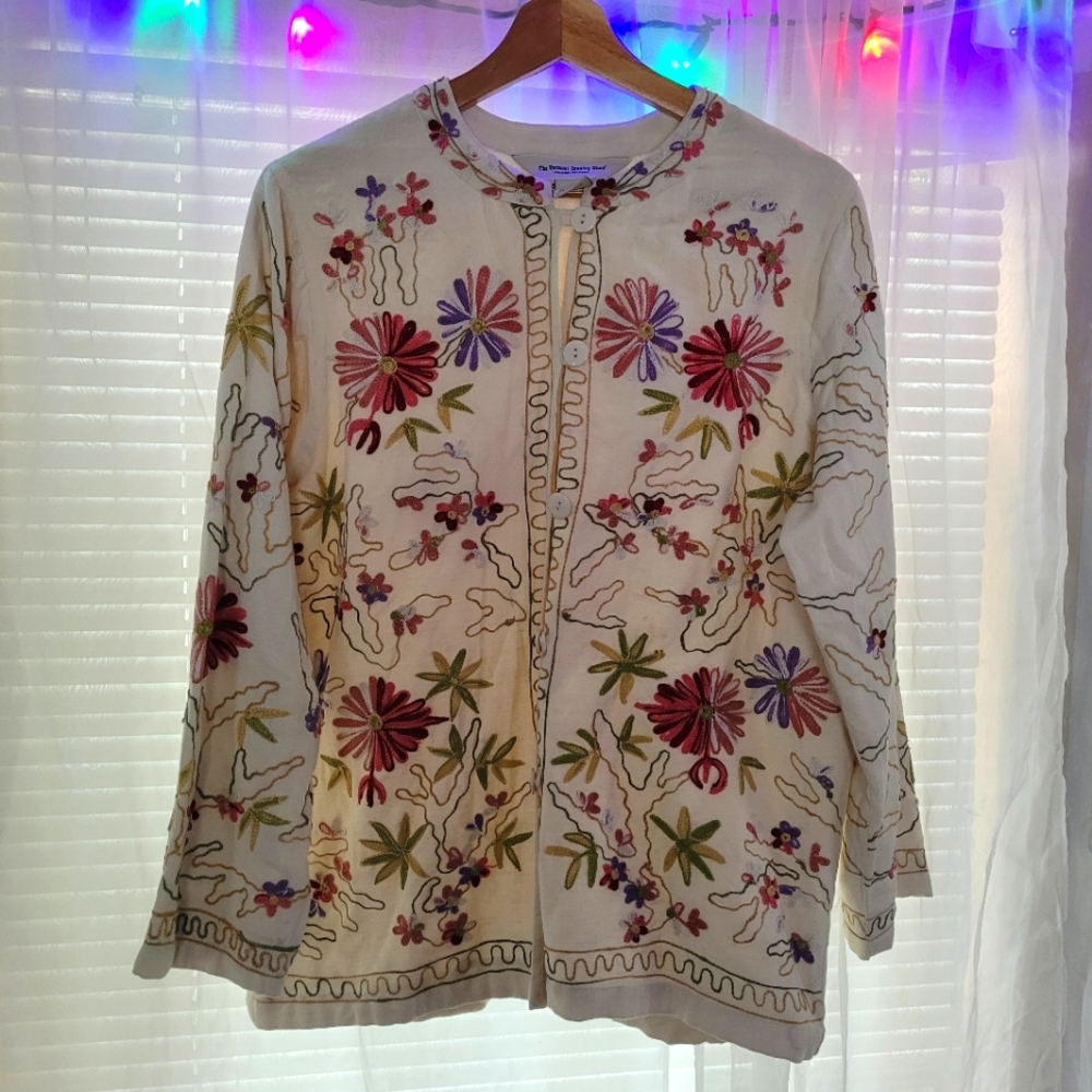 Floral Embroidered Jacket Size Medium Paisley Farmhouse Linen Blend Lightweight